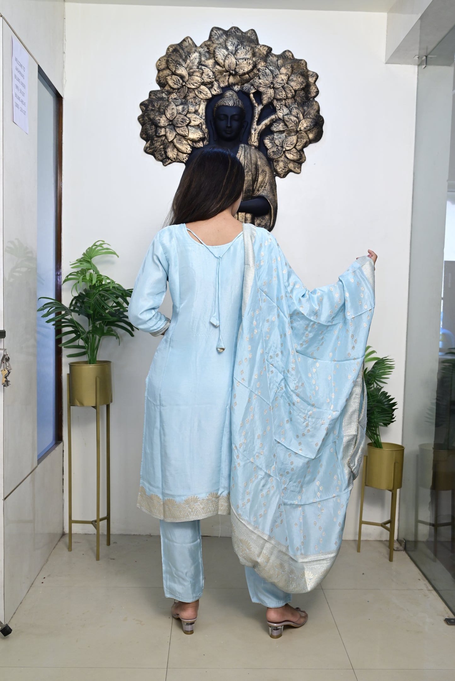 sky blue kurti pant dupatta set