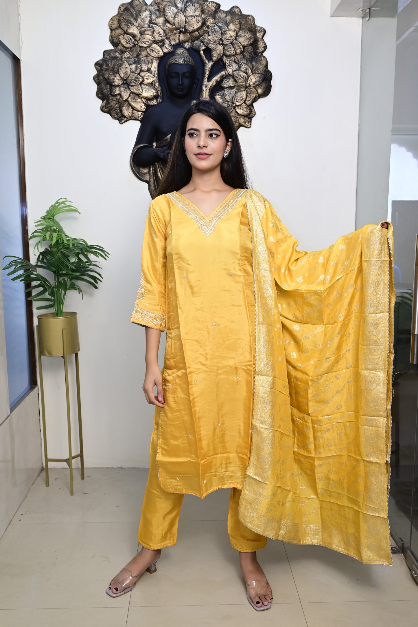 yellow kurti pant dupatta set