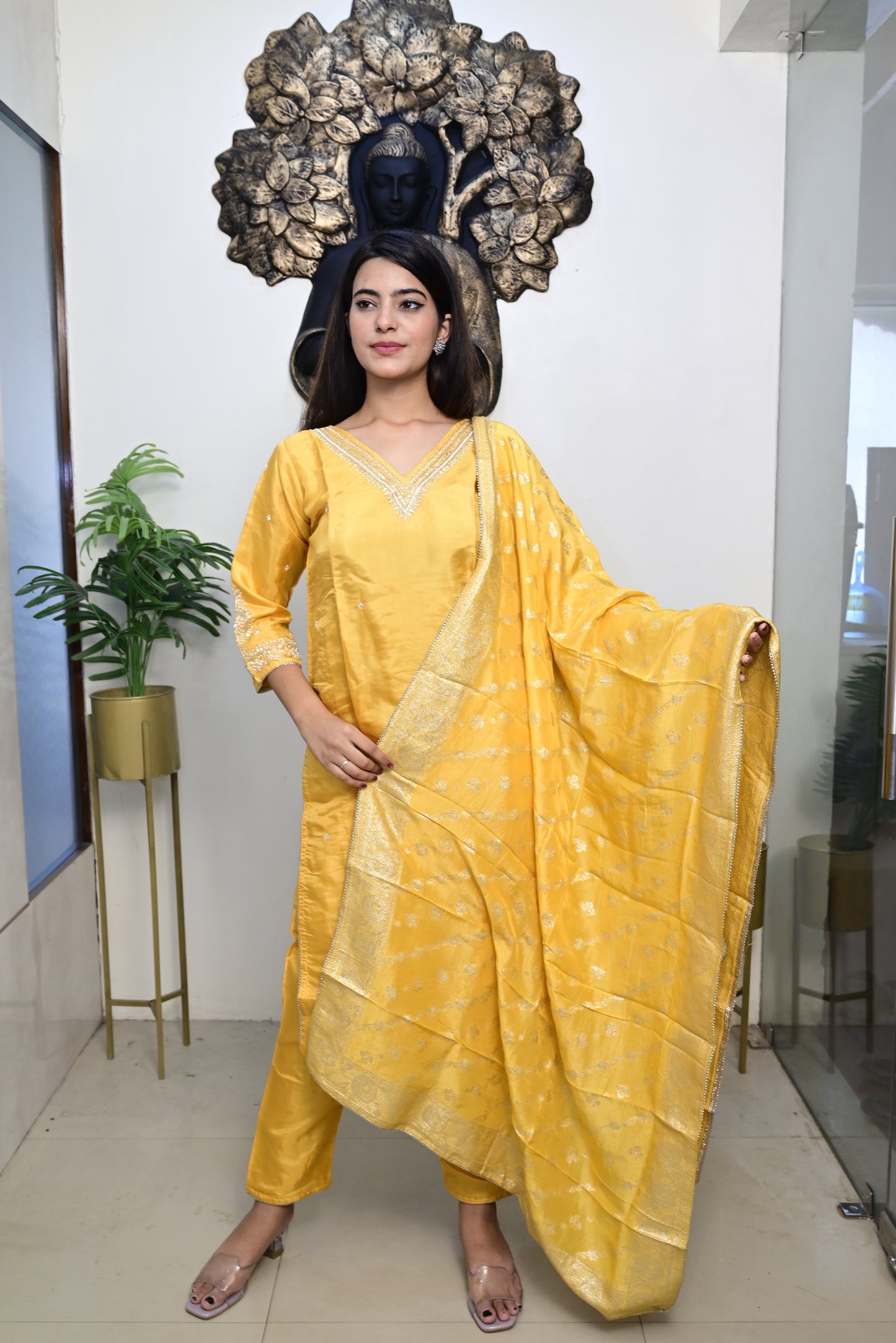 yellow kurti pant dupatta set