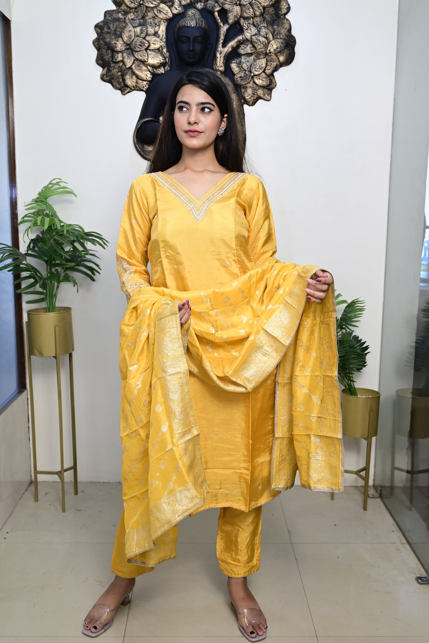 yellow kurti pant dupatta set