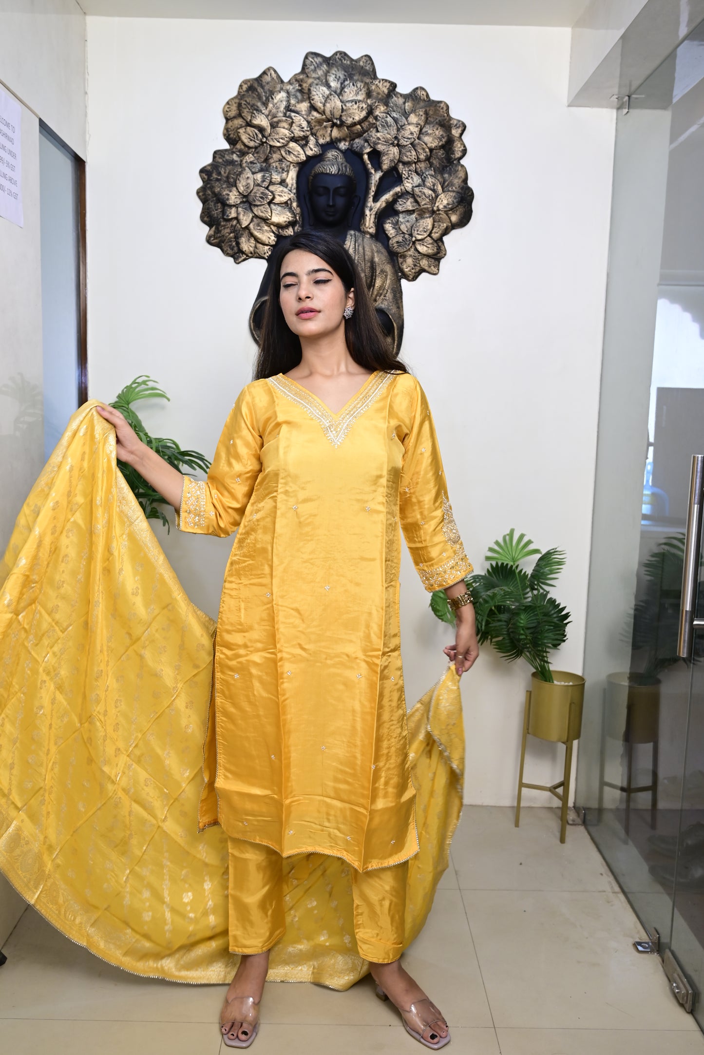 yellow kurti pant dupatta set
