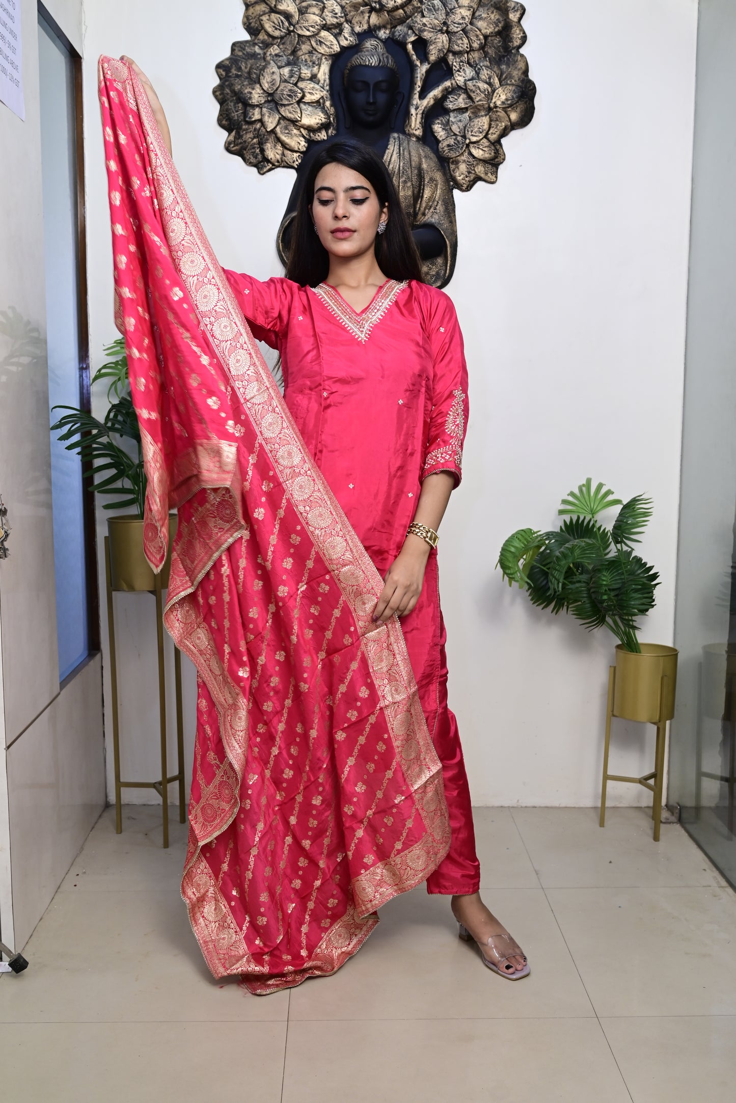 rani pink shade kurti pant dupatta set