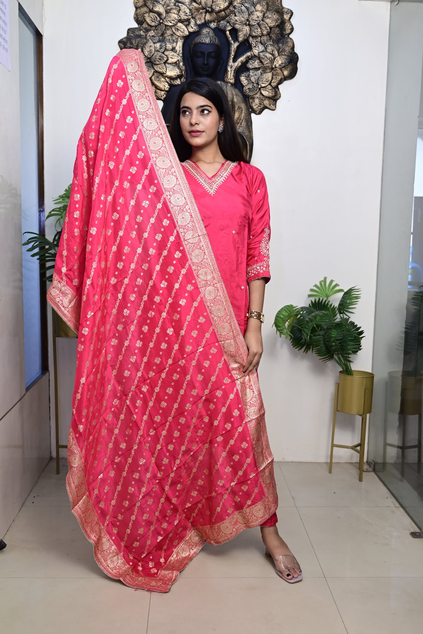 rani pink shade kurti pant dupatta set