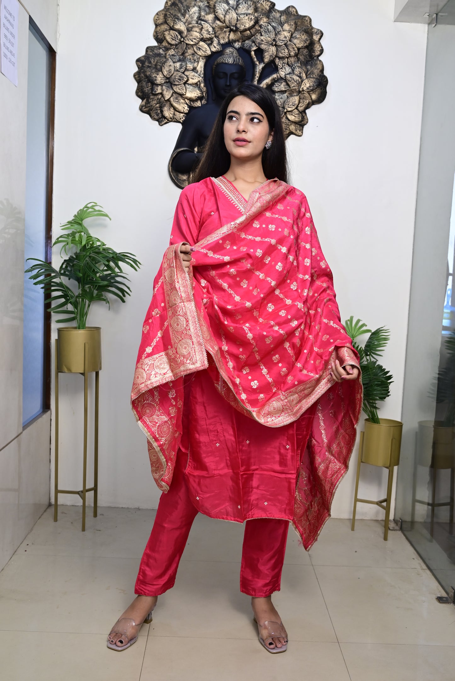 rani pink shade kurti pant dupatta set