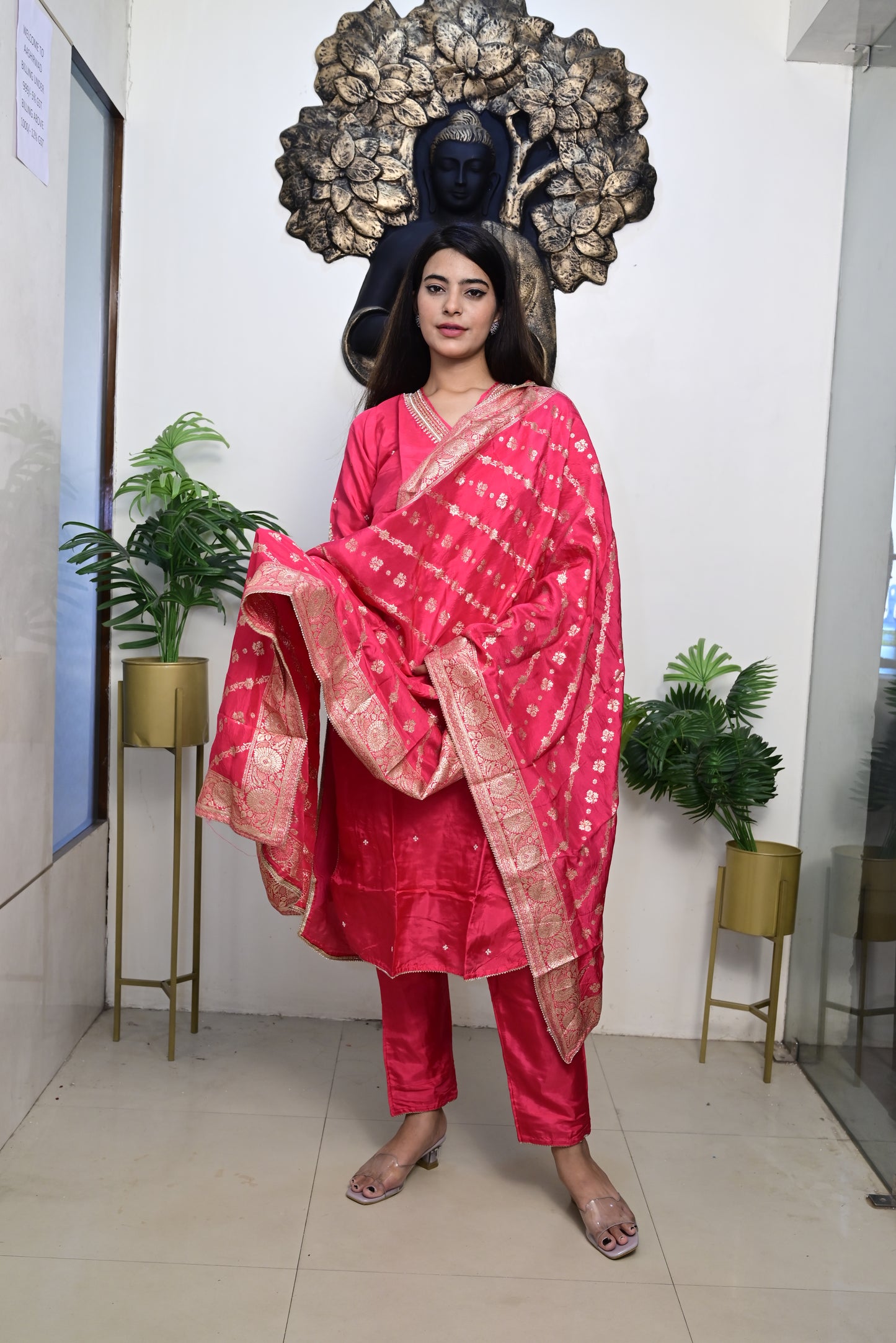 rani pink shade kurti pant dupatta set
