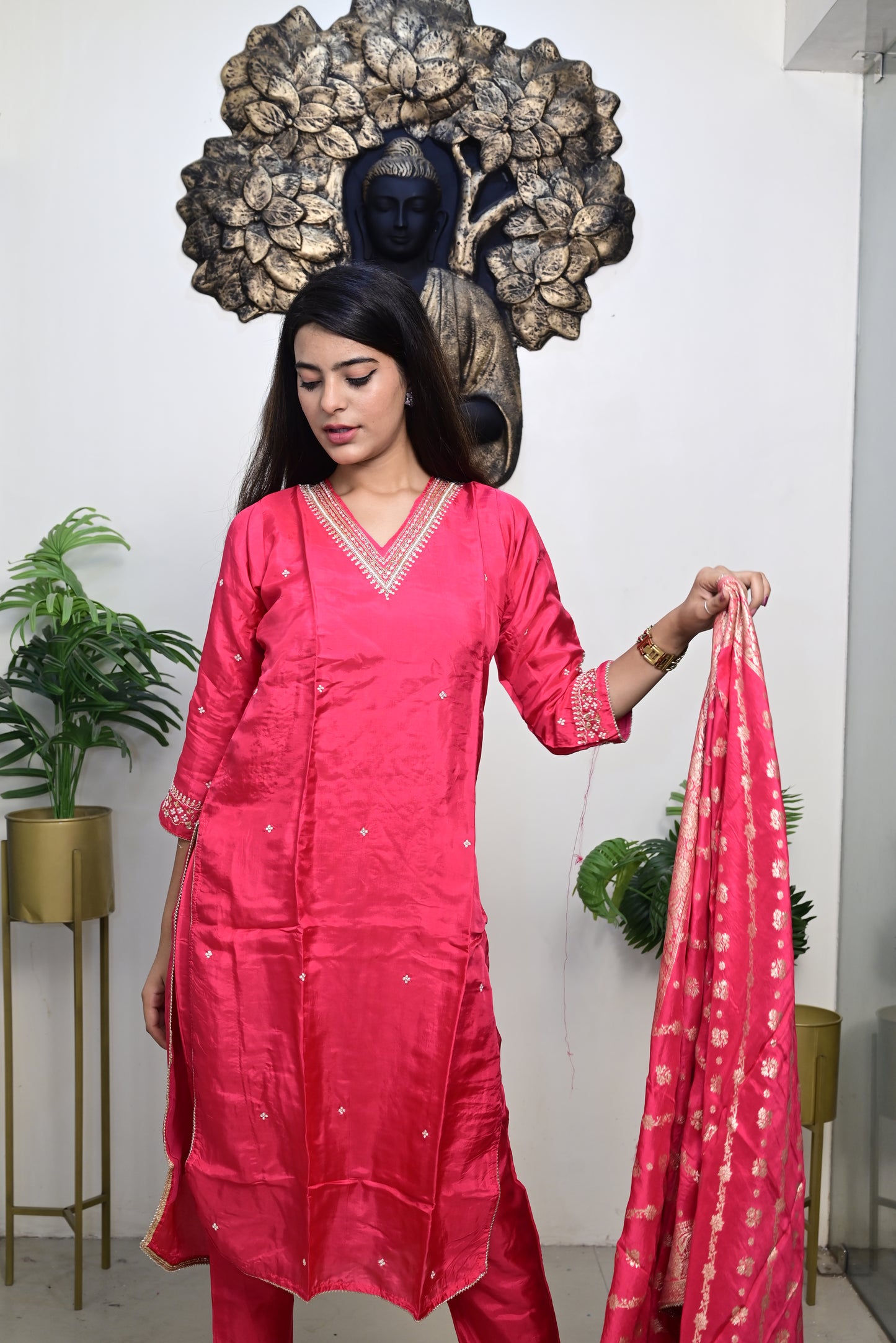 rani pink shade kurti pant dupatta set