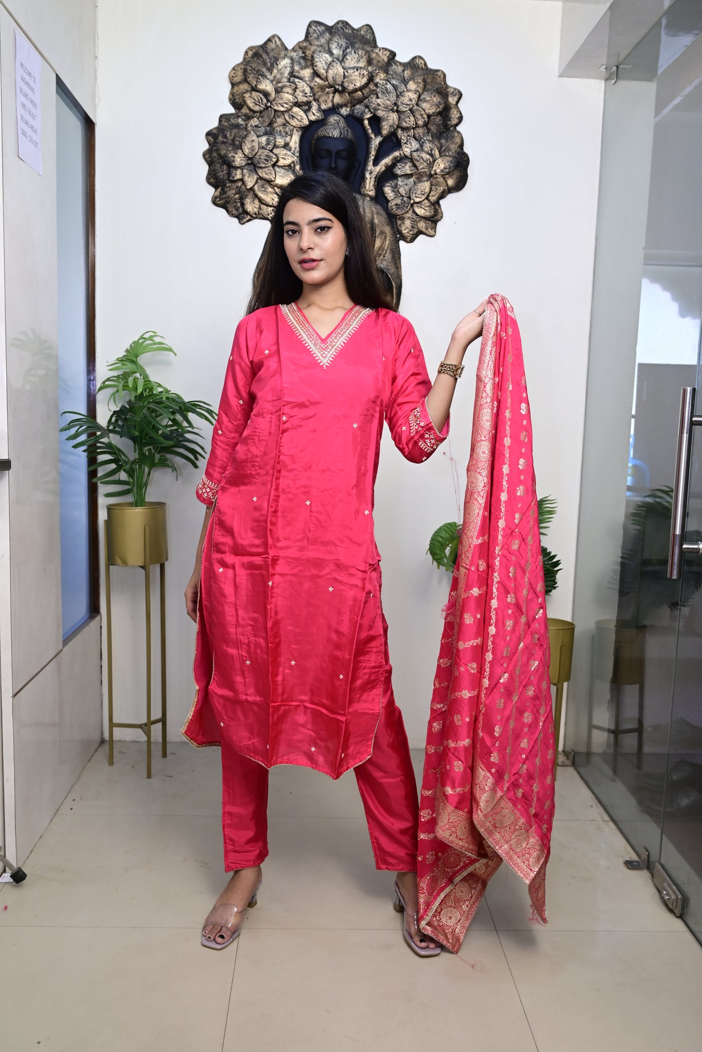 rani pink shade kurti pant dupatta set