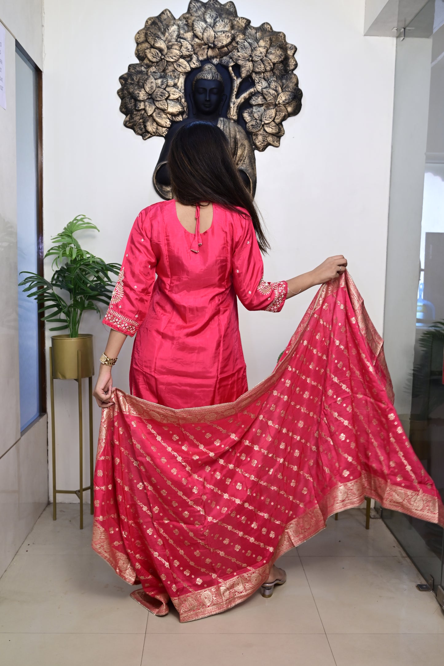 rani pink shade kurti pant dupatta set