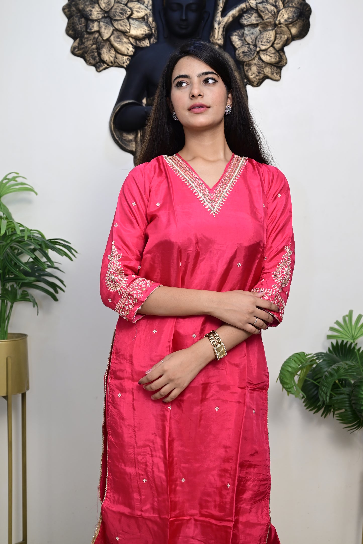 rani pink shade kurti pant dupatta set