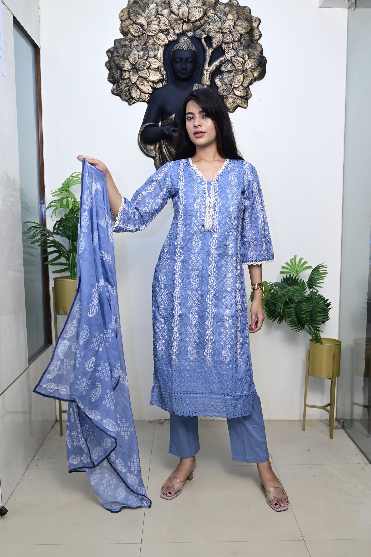 Grey's blue Kurti pant dupatta set