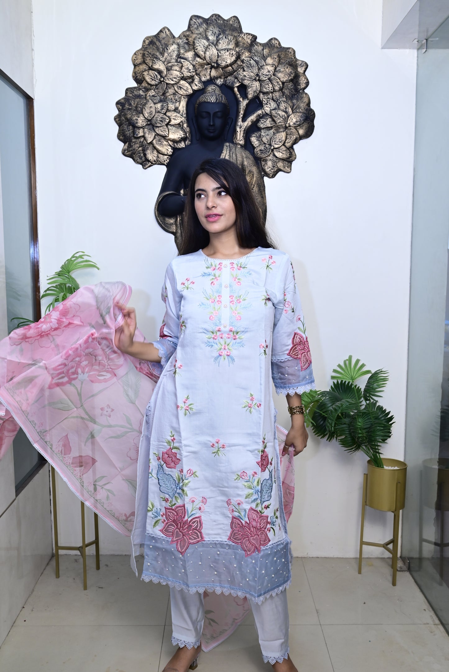 Sky Blue Kurti pant dupatta set