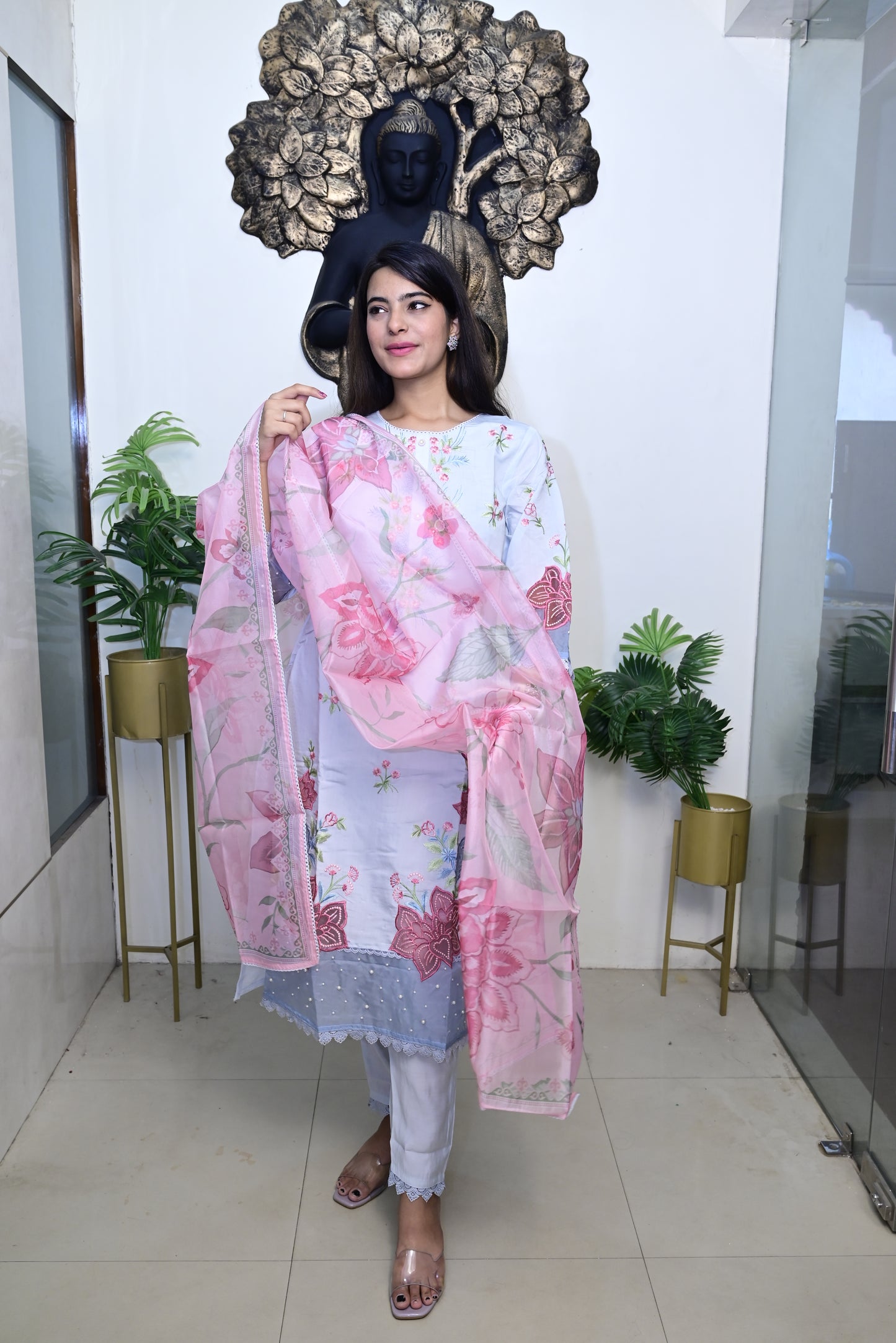 Sky Blue Kurti pant dupatta set