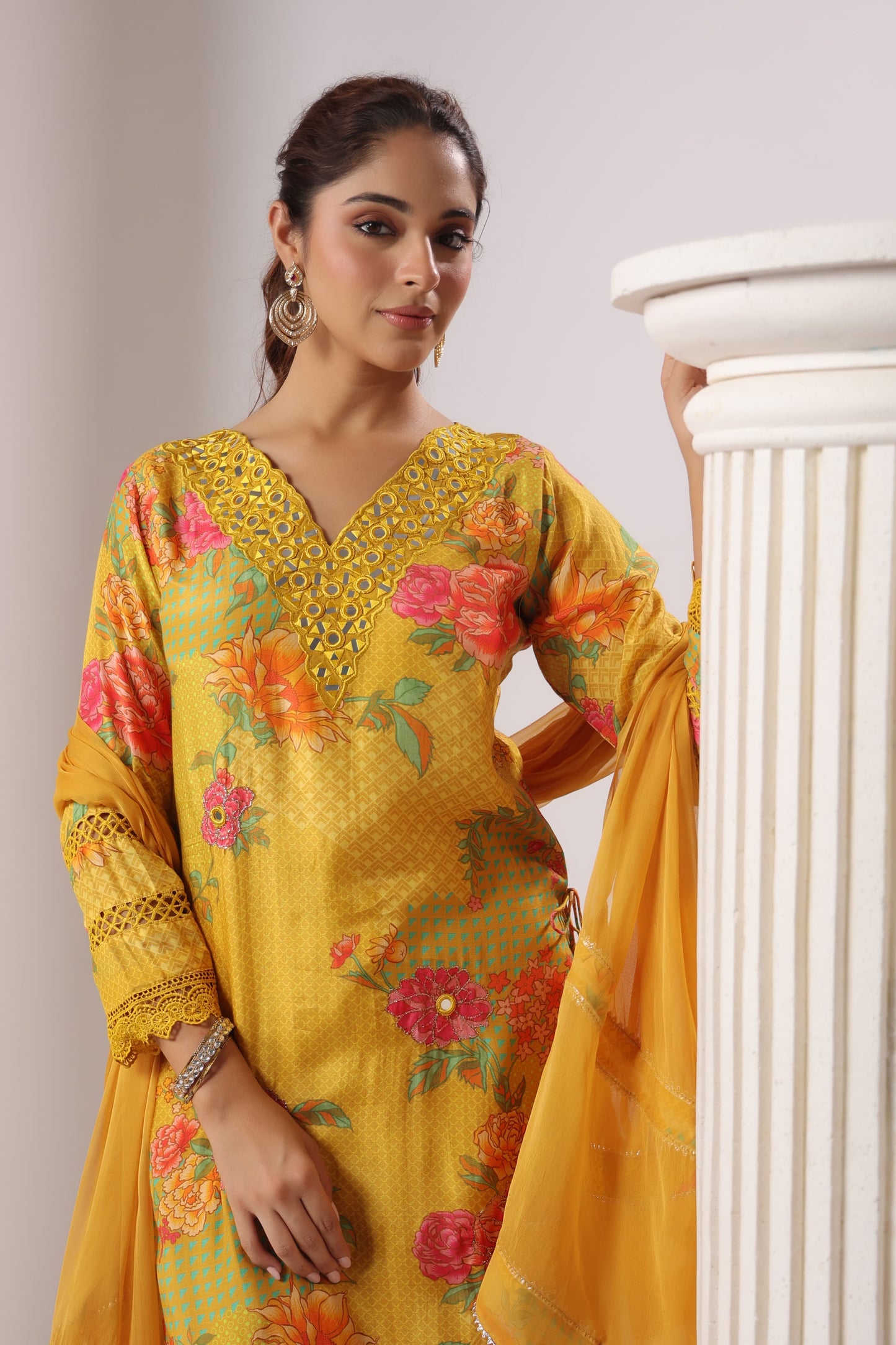 Yellow kurti pant dupatta set