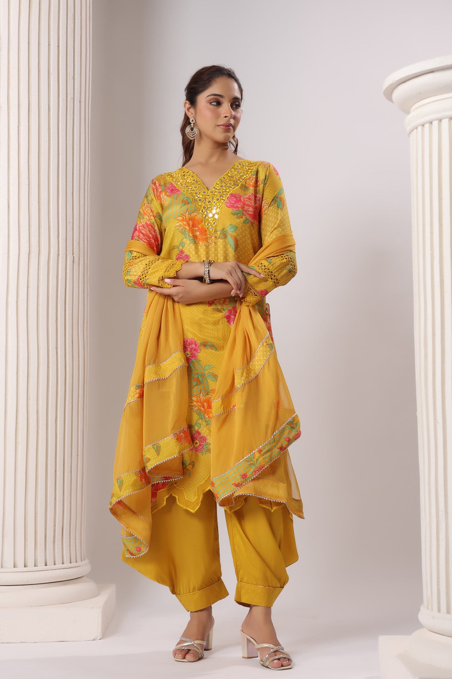 Yellow kurti pant dupatta set