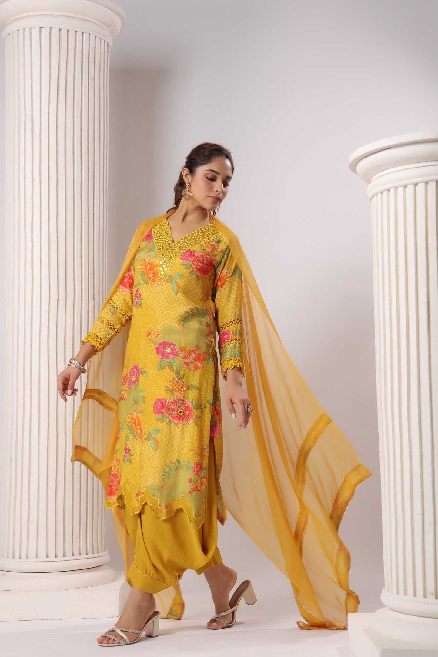 Yellow kurti pant dupatta set