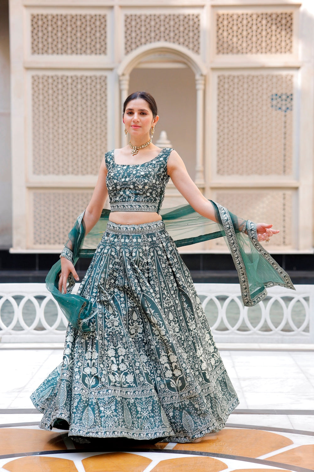 Bottle Green Crop Top Lehanga Set