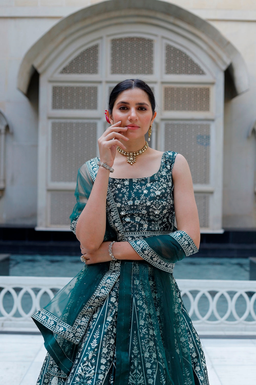 Bottle Green Crop Top Lehanga Set