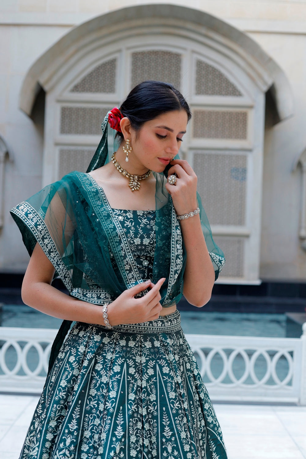 Bottle Green Crop Top Lehanga Set