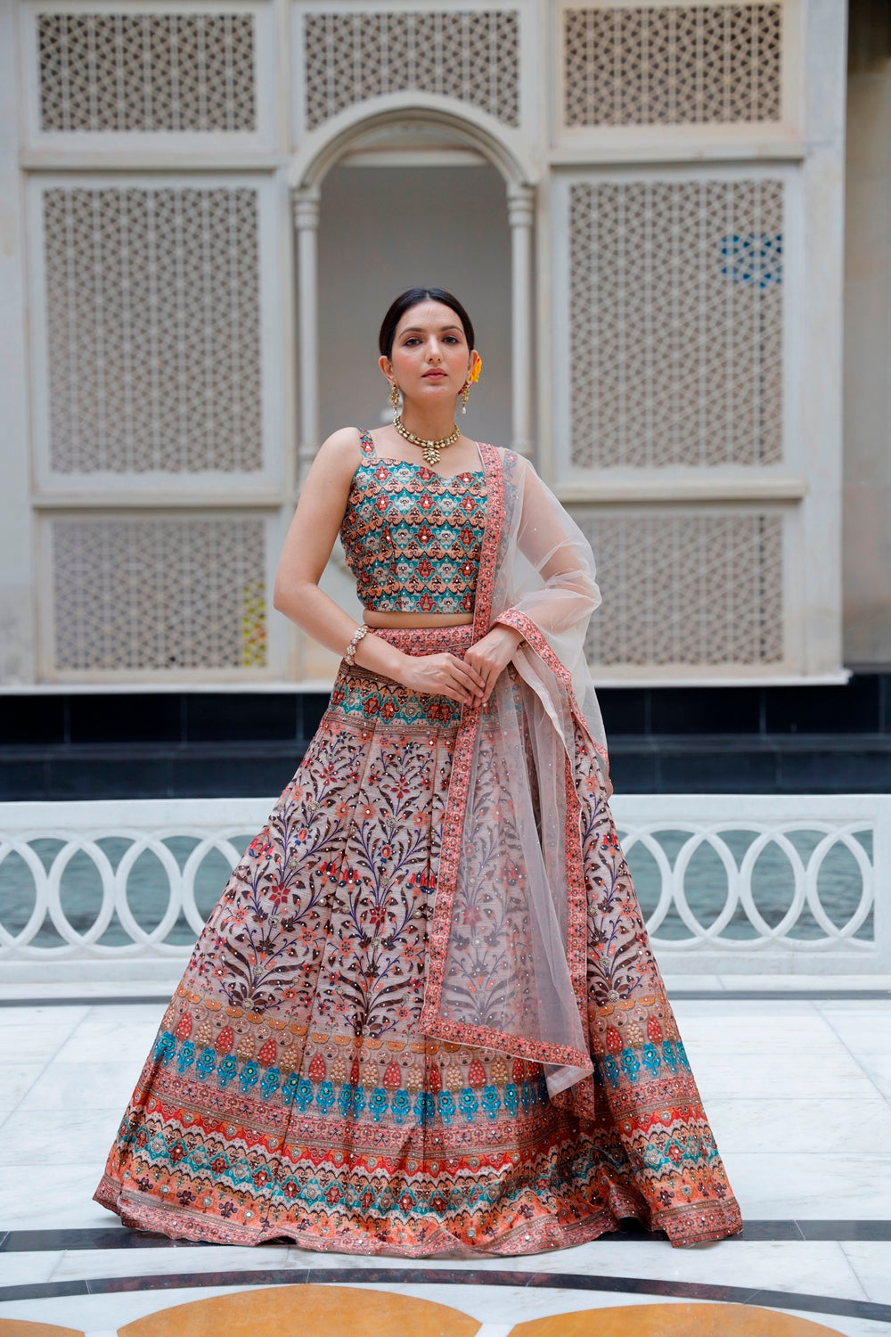 Brown Multicolor Crop Top Lehanga Set