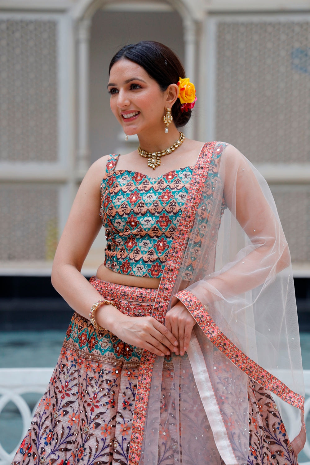 Brown Multicolor Crop Top Lehanga Set