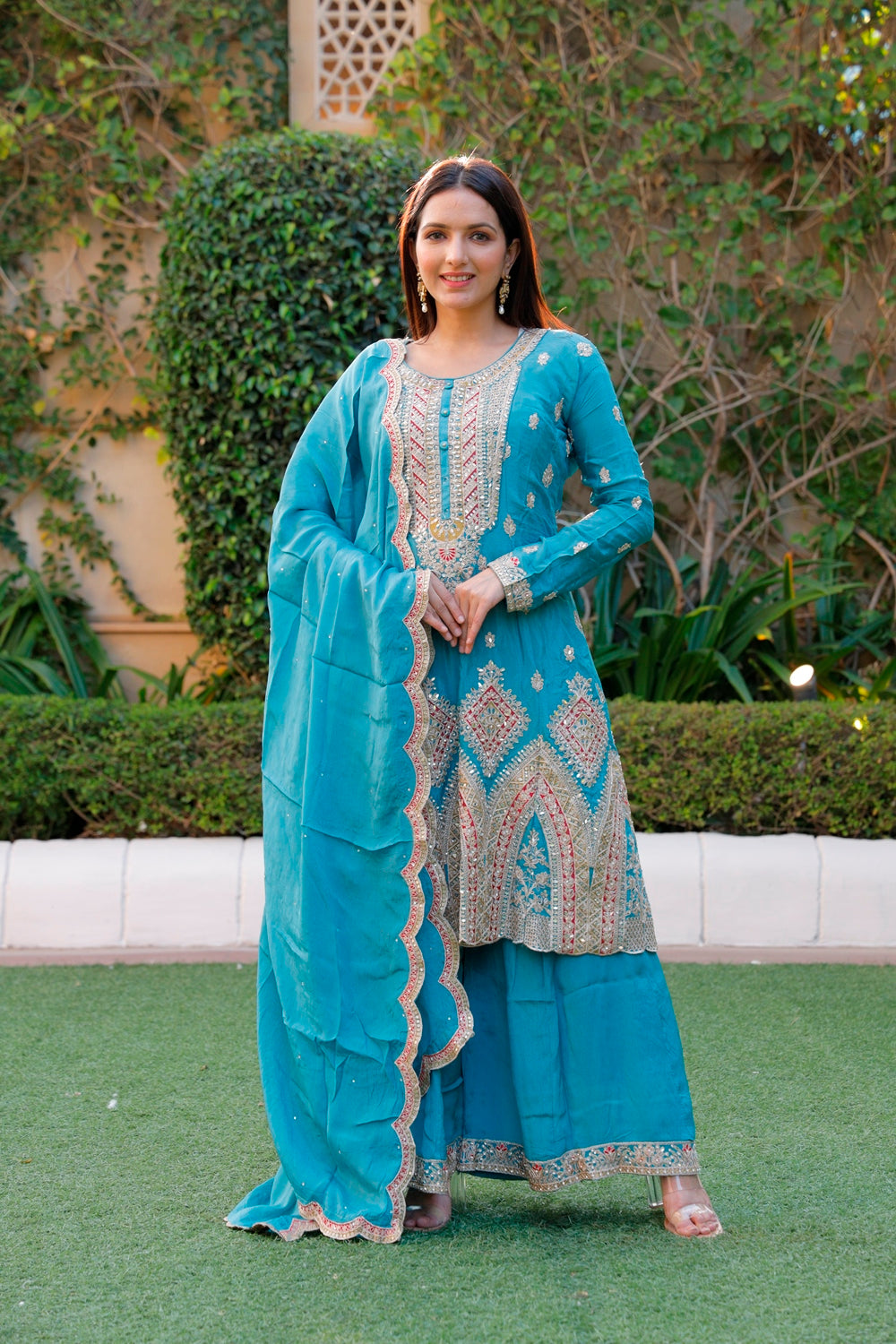 Blue Anarkali with Palazzo & Dupatta Set