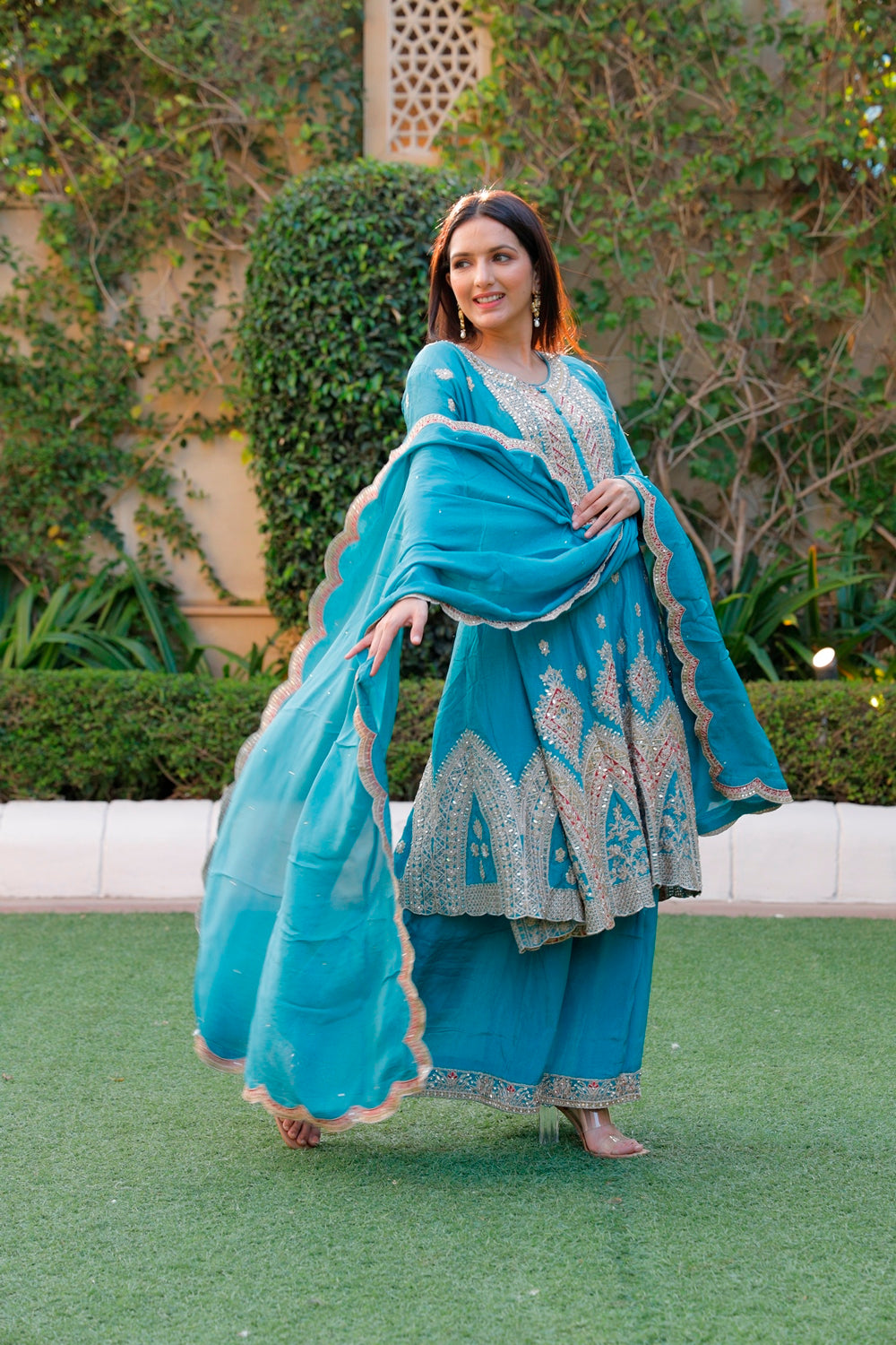Blue Anarkali with Palazzo & Dupatta Set