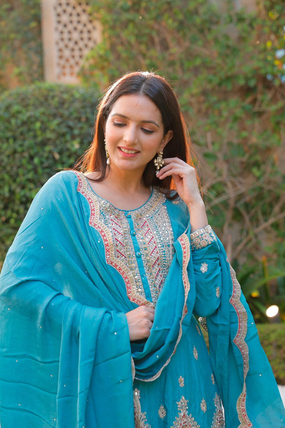 Blue Anarkali with Palazzo & Dupatta Set