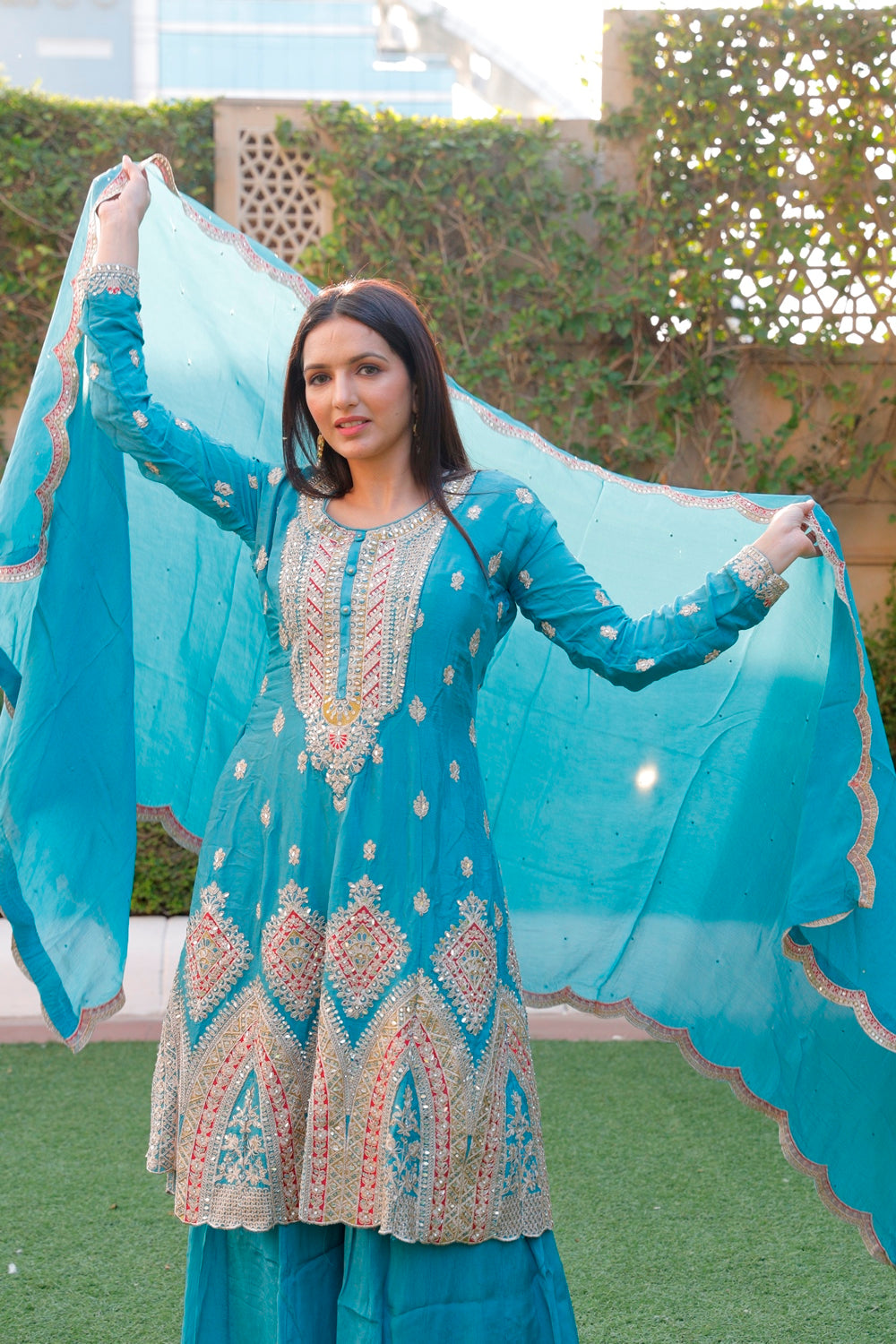 Blue Anarkali with Palazzo & Dupatta Set