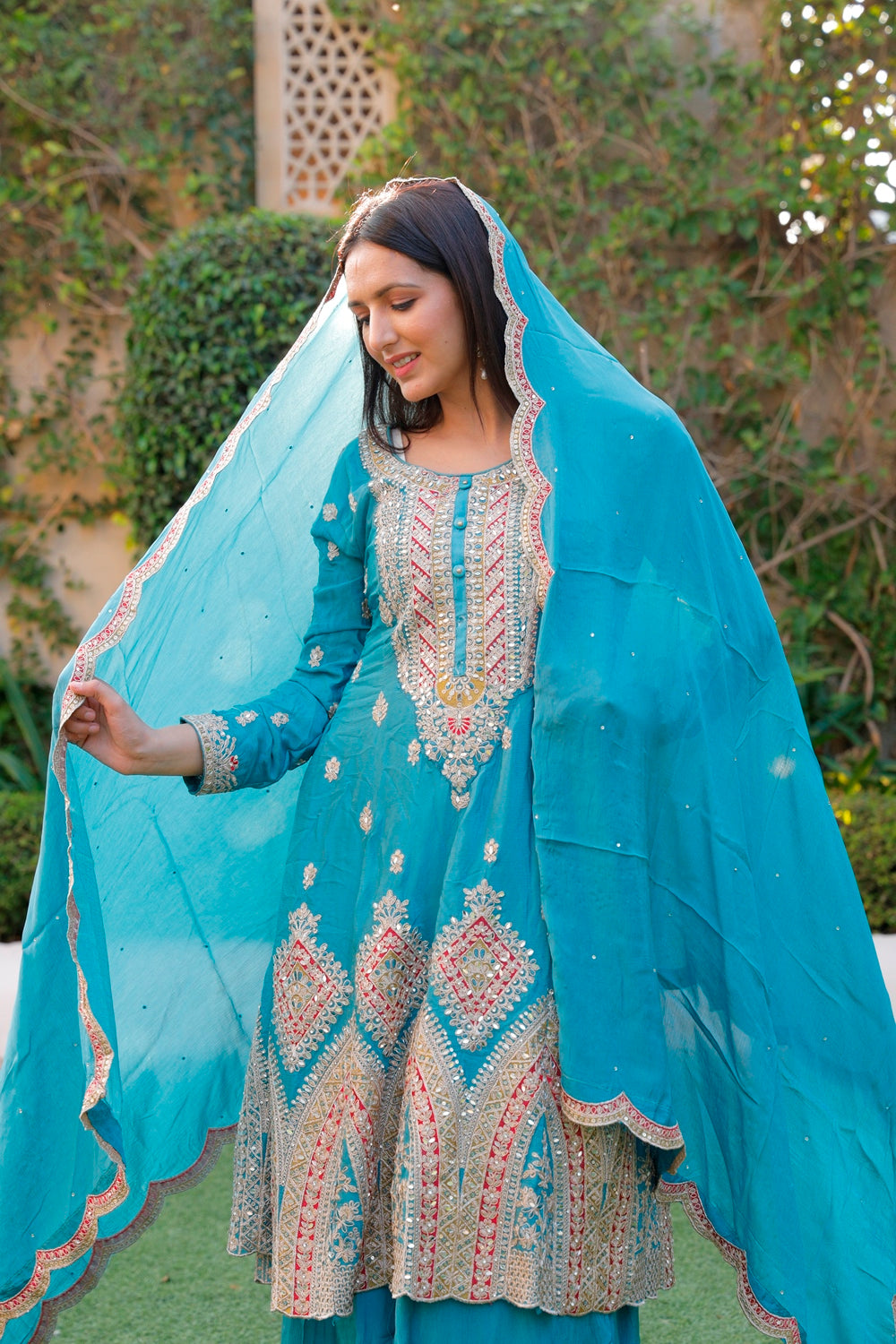 Blue Anarkali with Palazzo & Dupatta Set
