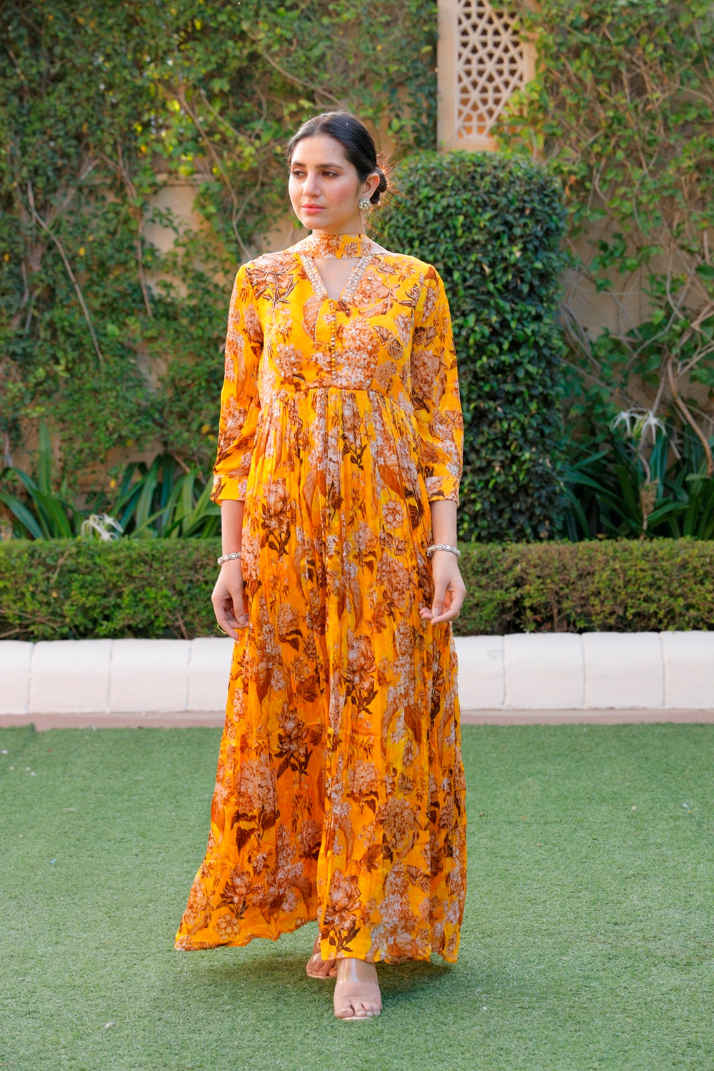 Yellow Floral Printed Long Dress