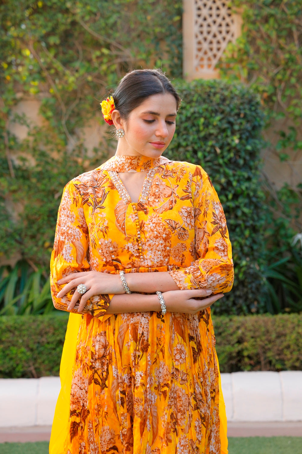 Yellow Floral Printed Long Dress