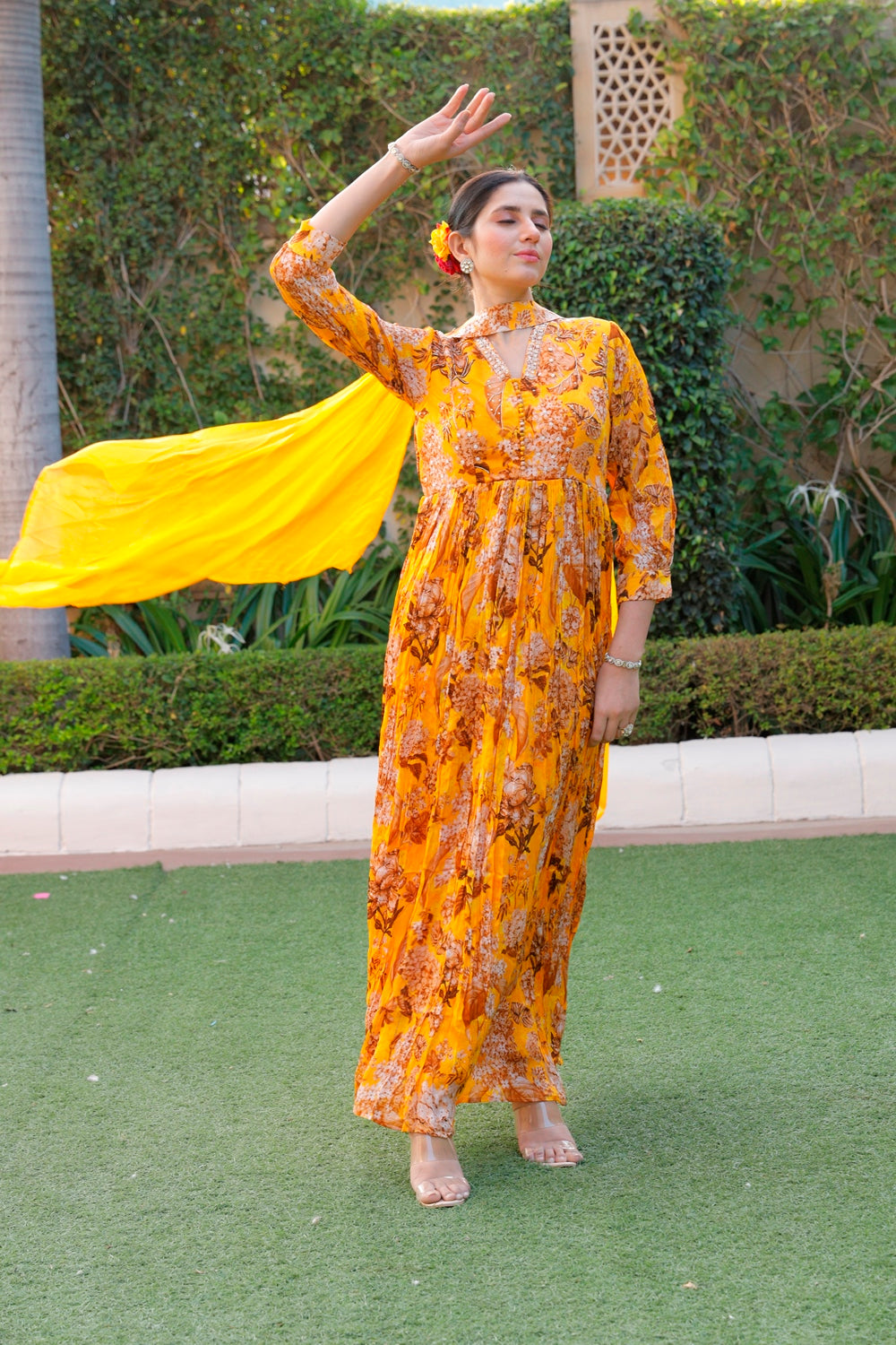 Yellow Floral Printed Long Dress