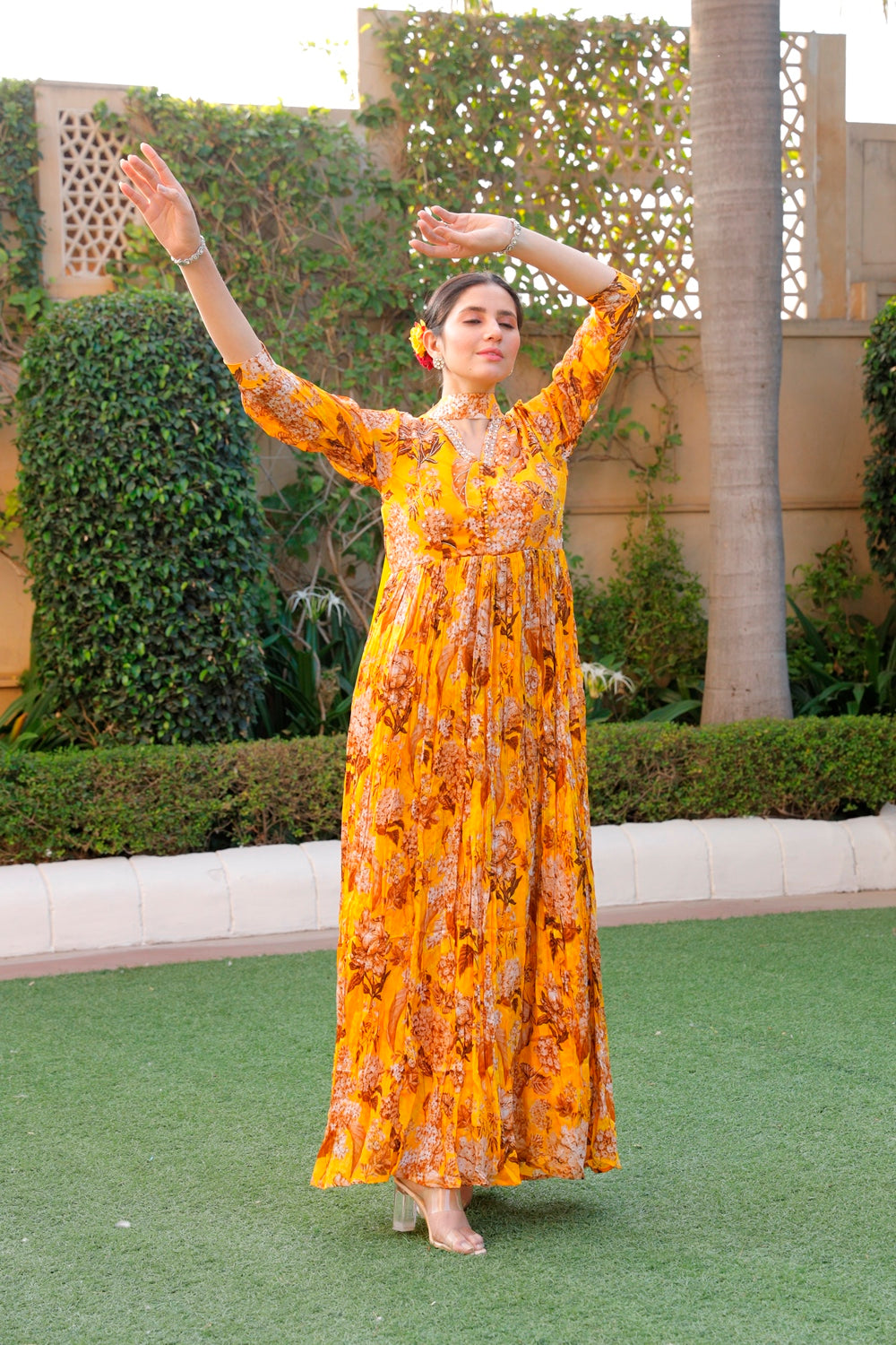 Yellow Floral Printed Long Dress
