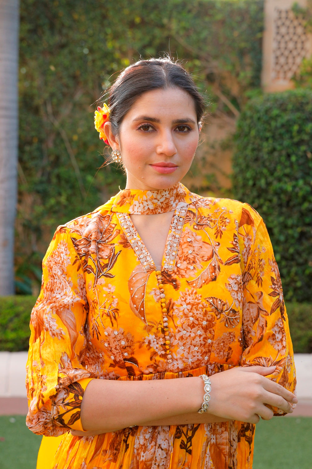 Yellow Floral Printed Long Dress
