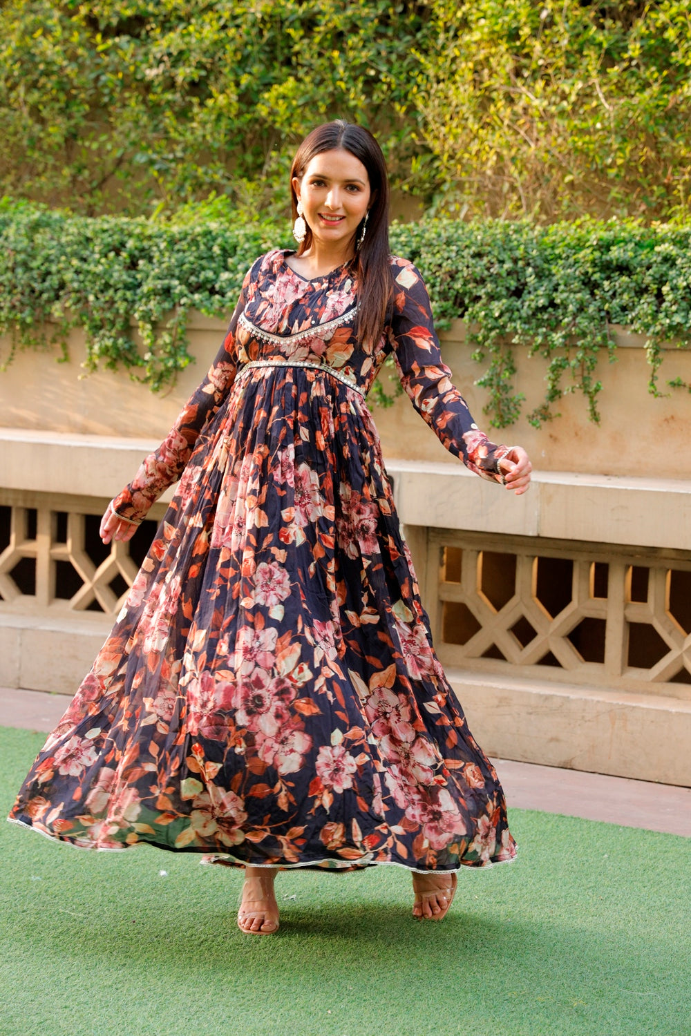 Black Floral Printed Long Dress