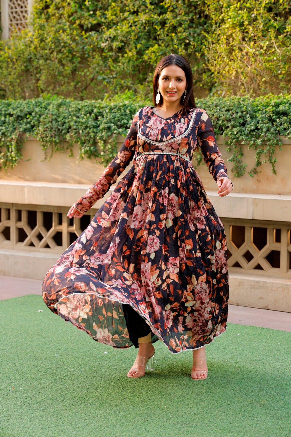 Black Floral Printed Long Dress