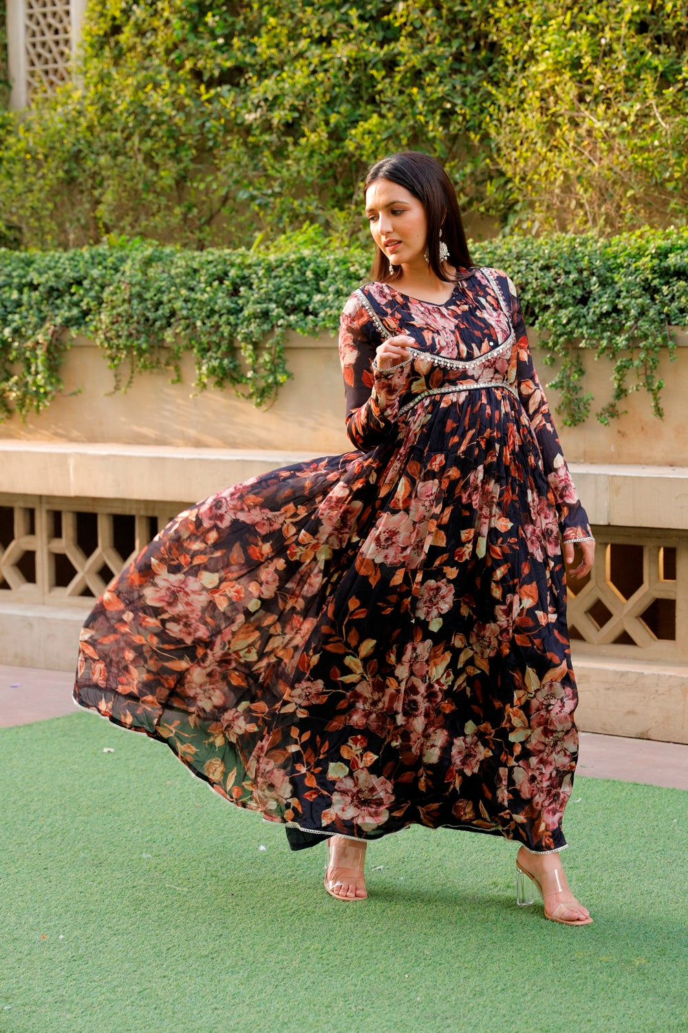 Black Floral Printed Long Dress