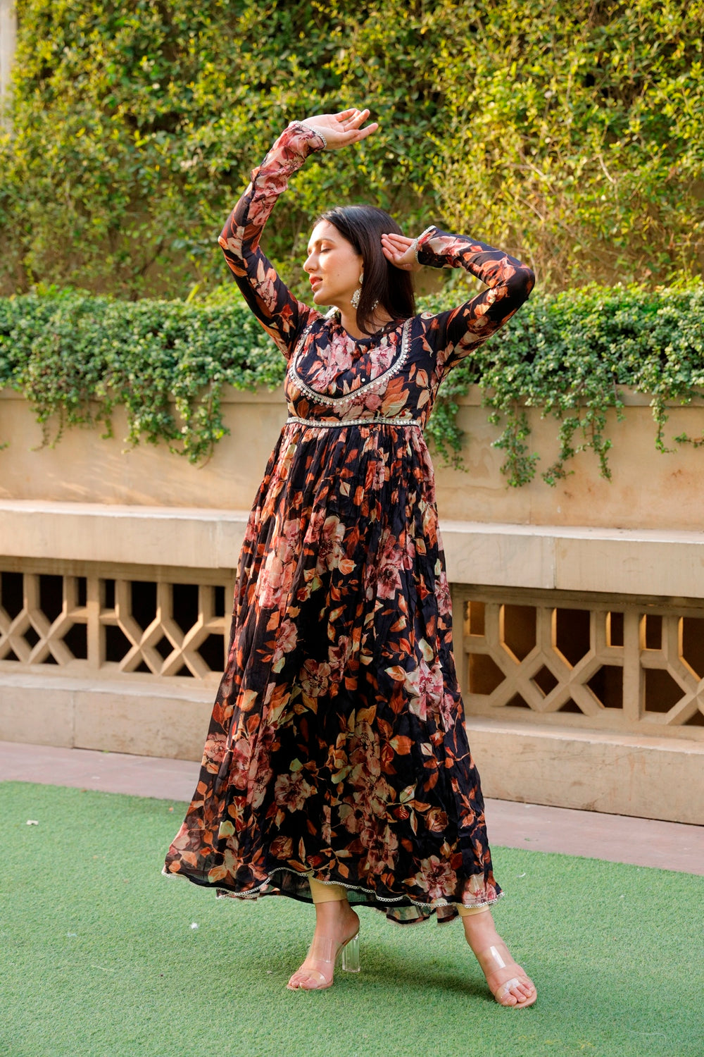 Black Floral Printed Long Dress