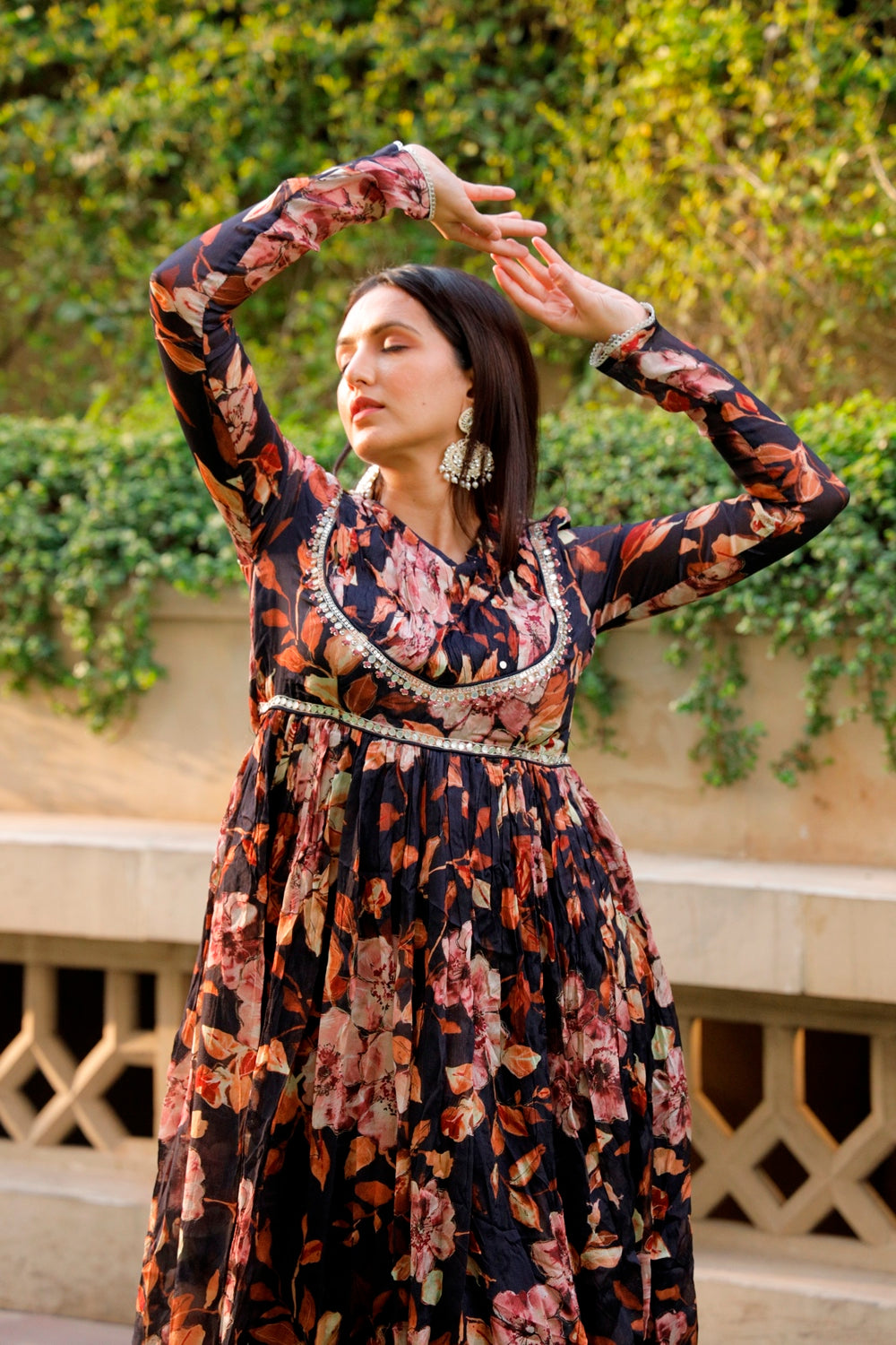 Black Floral Printed Long Dress