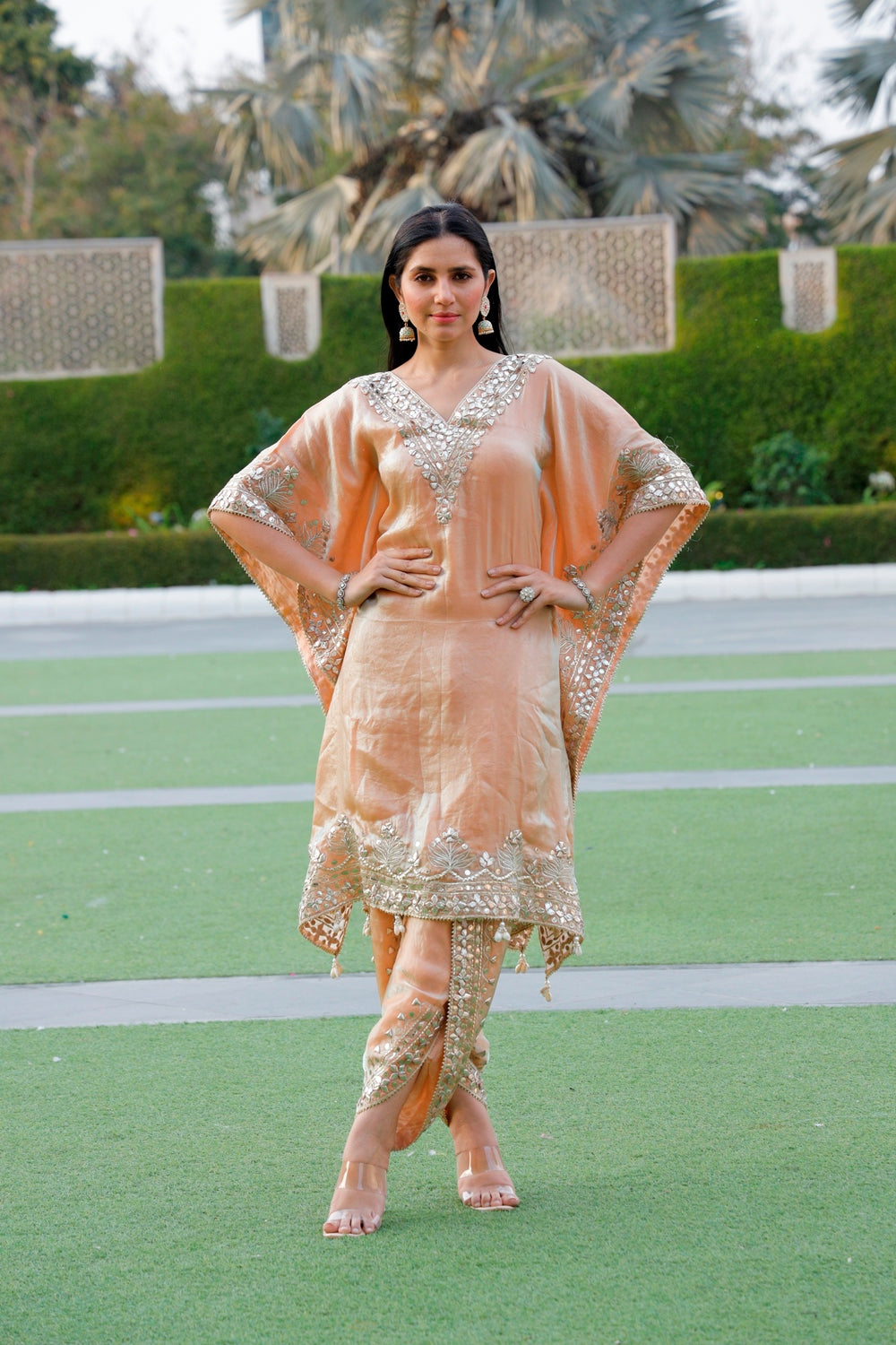 Beige Gota Patti Kaftan & Pant Set