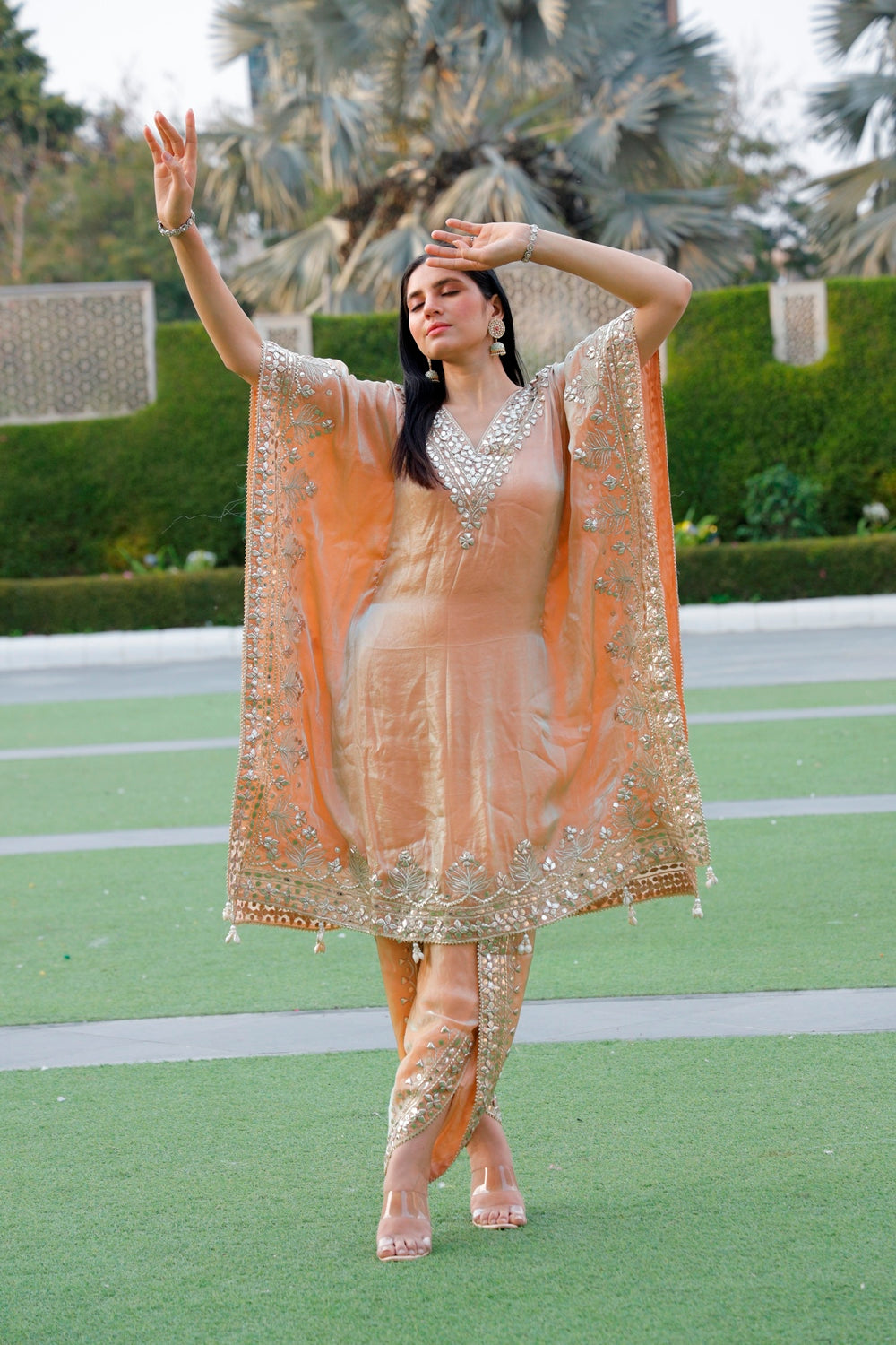 Beige Gota Patti Kaftan & Pant Set
