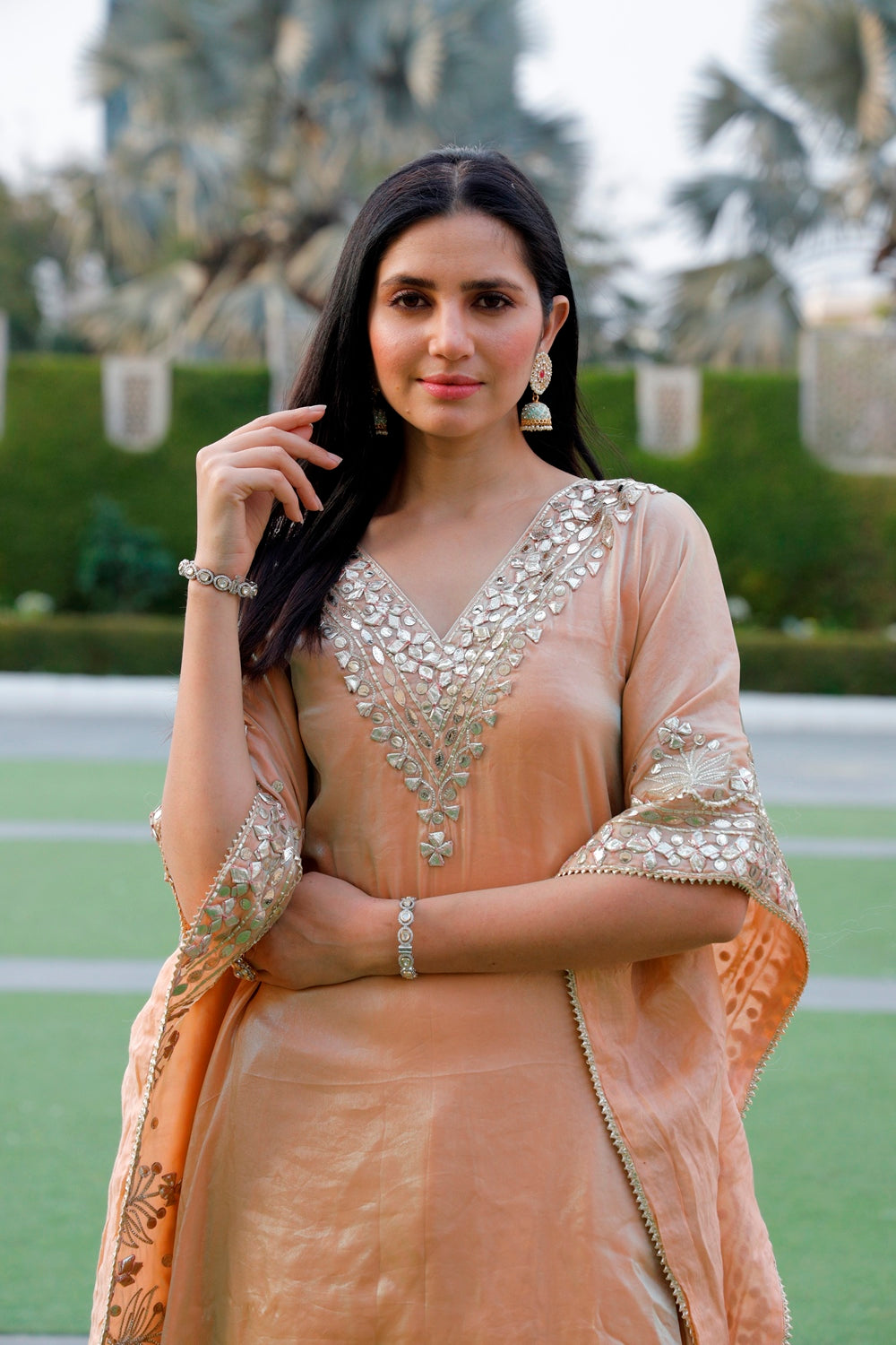 Beige Gota Patti Kaftan & Pant Set