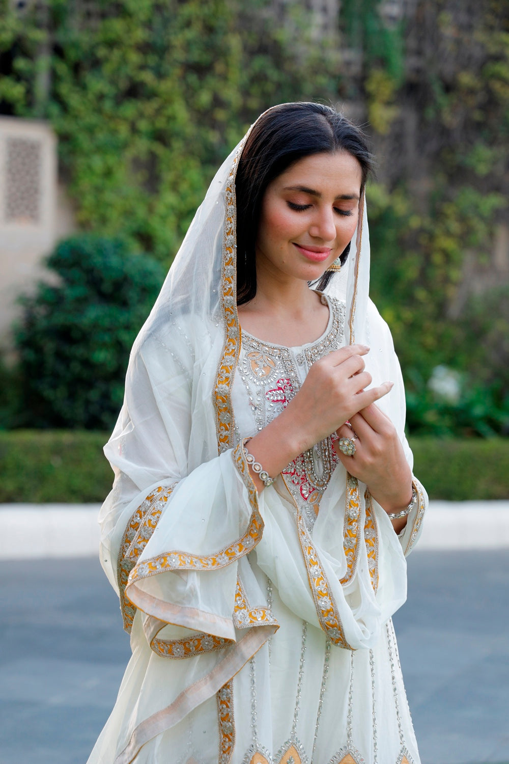 White Anarkali with Palazzo & Dupatta Set