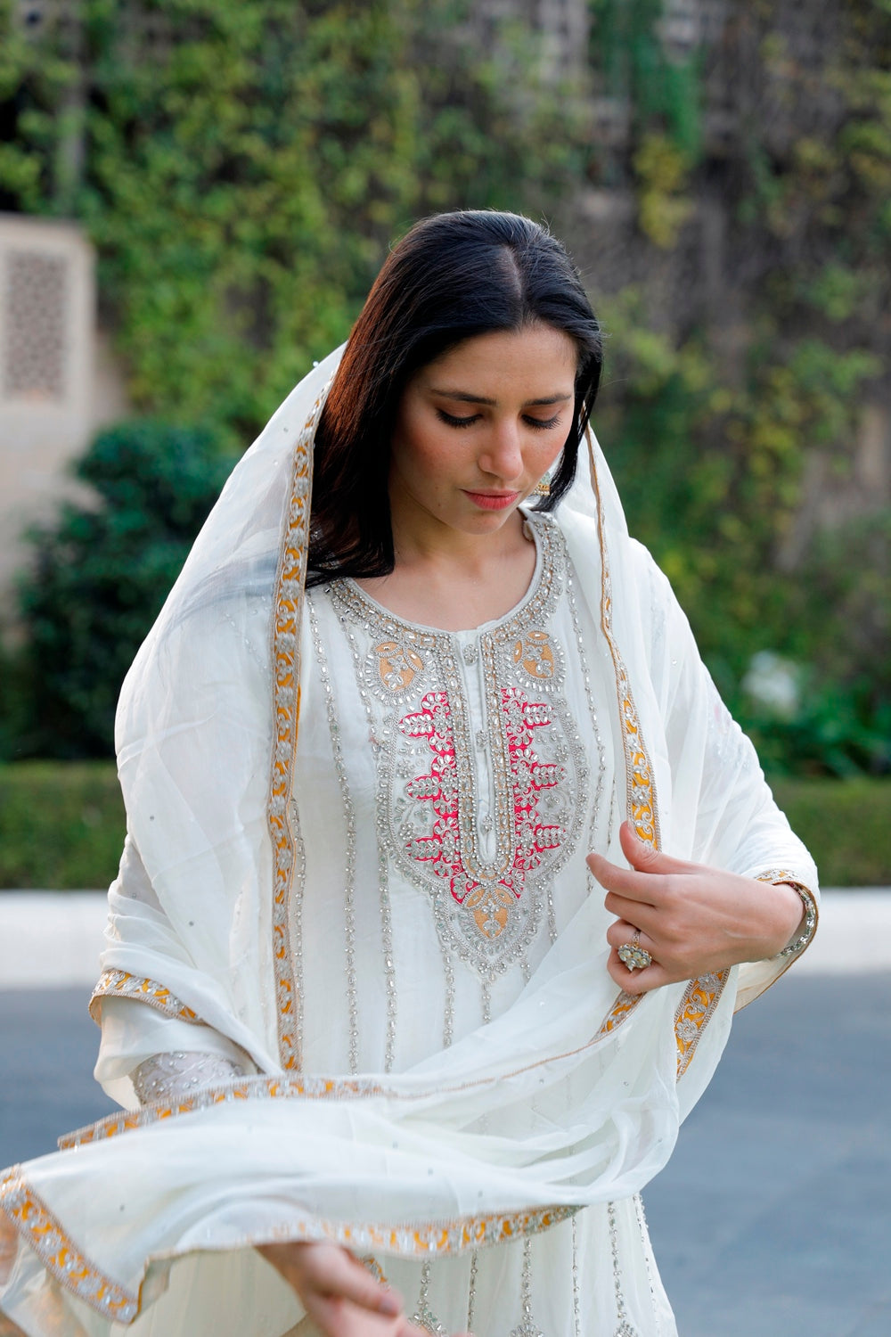 White Anarkali with Palazzo & Dupatta Set
