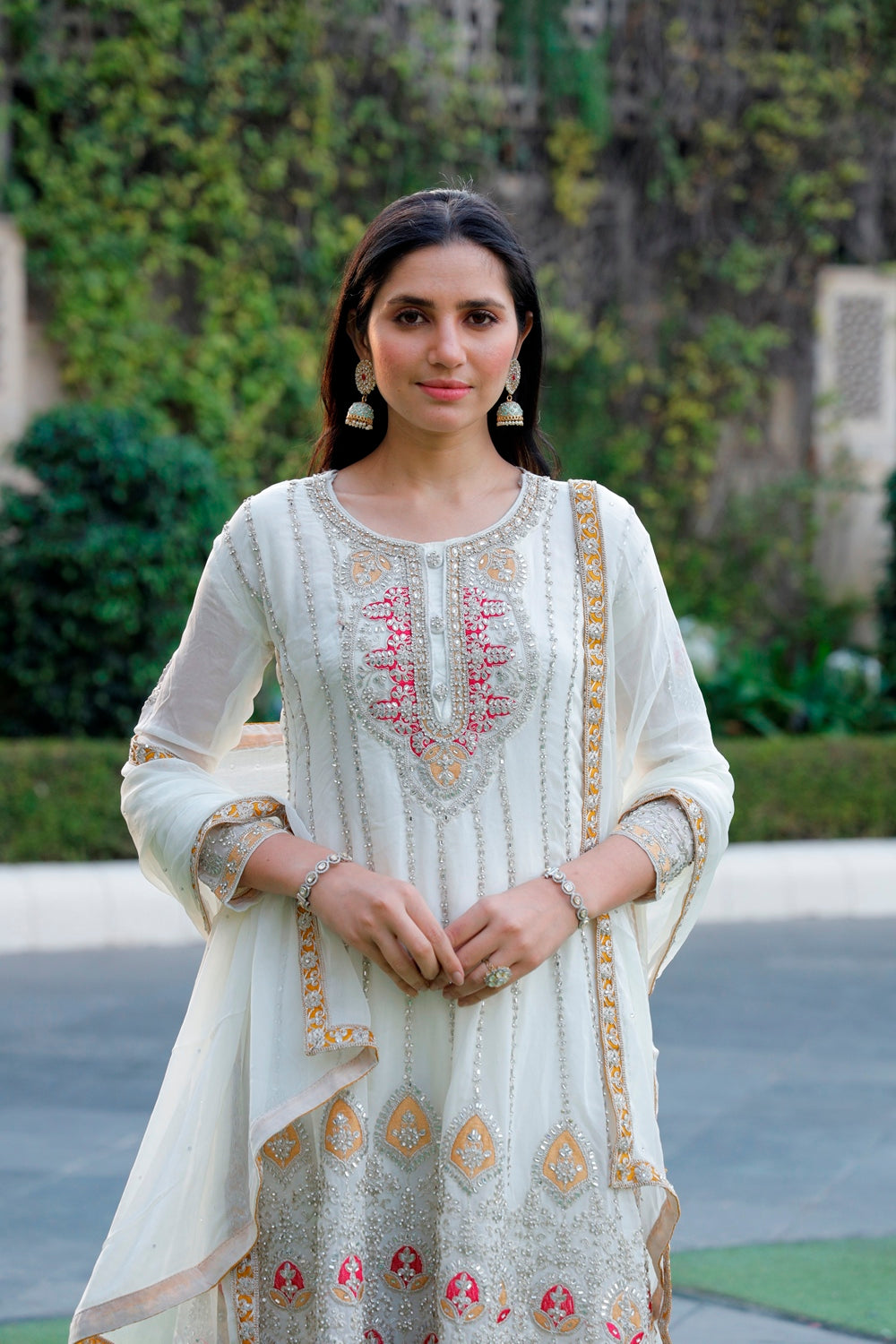 White Anarkali with Palazzo & Dupatta Set