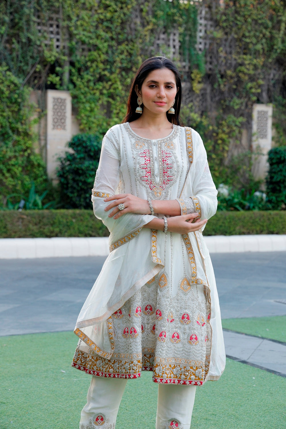 White Anarkali with Palazzo & Dupatta Set