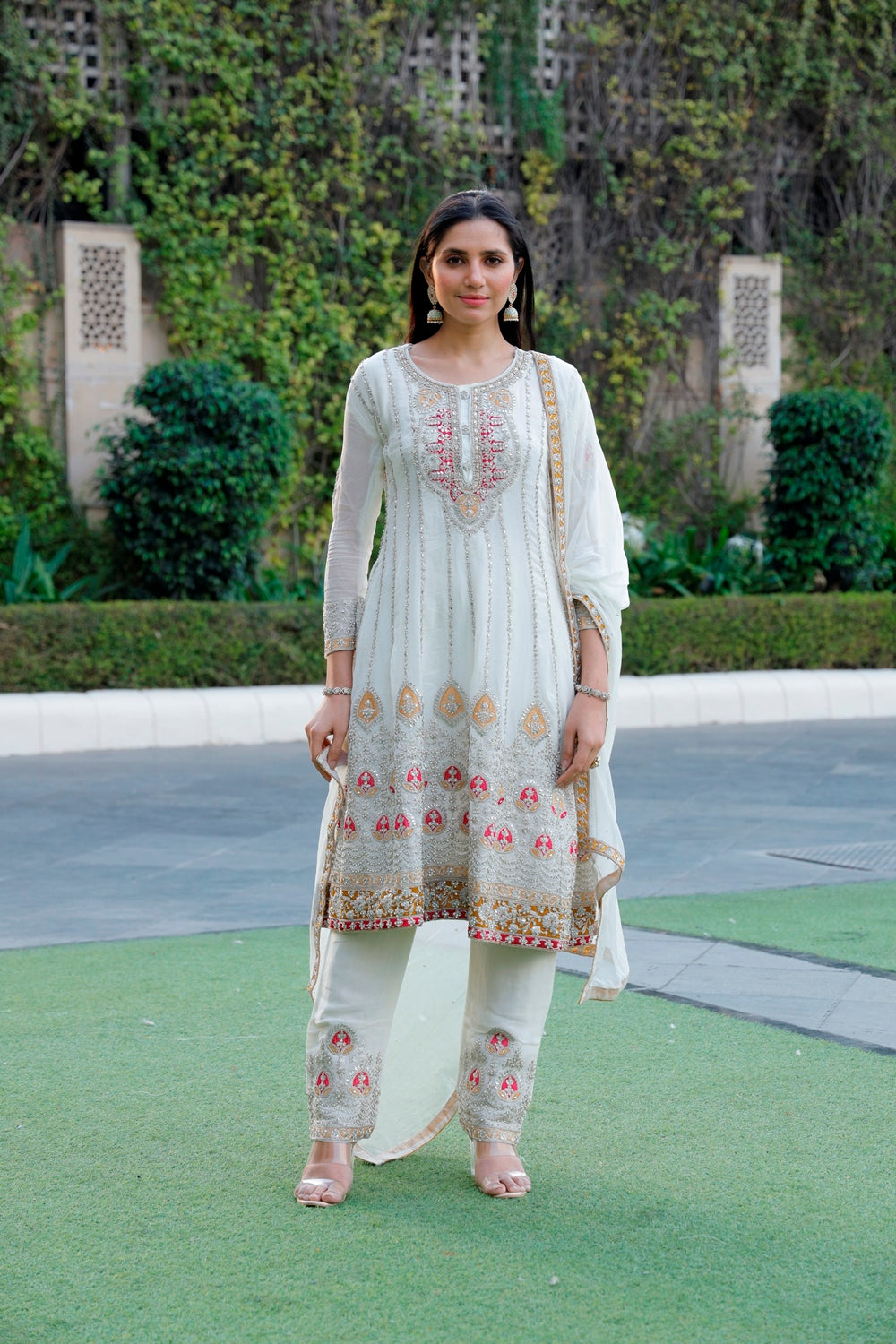 White Anarkali with Palazzo & Dupatta Set
