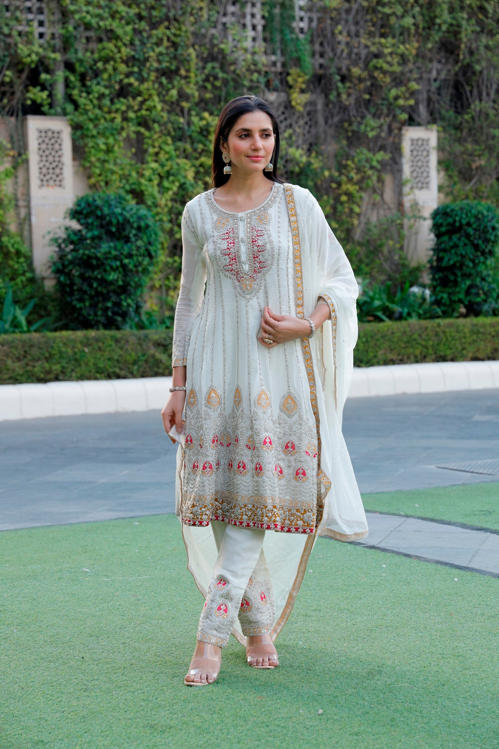 White Anarkali with Palazzo & Dupatta Set