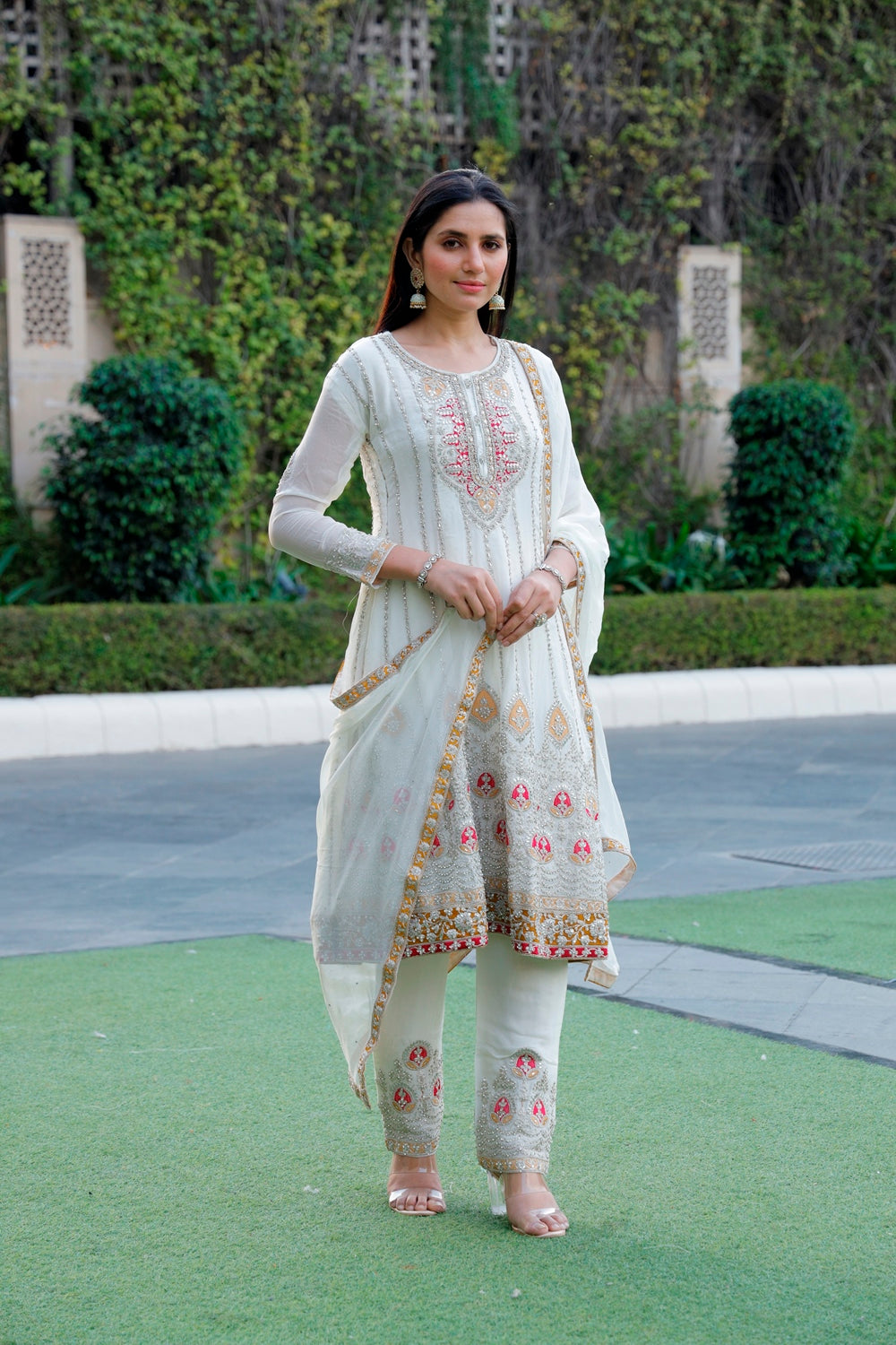 White Anarkali with Palazzo & Dupatta Set