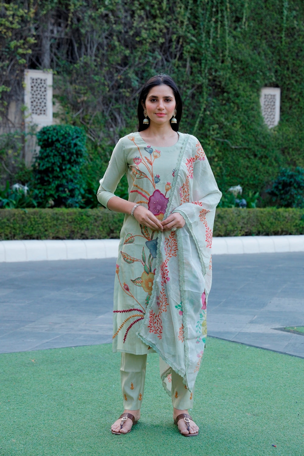 Green Muslin Kurti, Pant & Dupatta Set